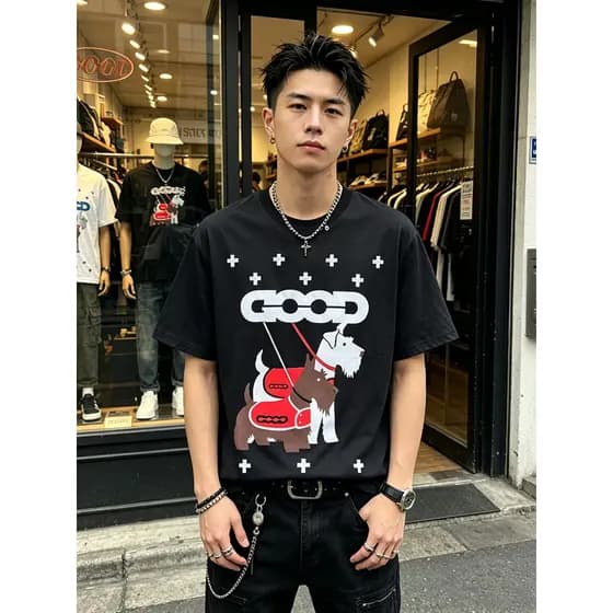 2026 verão novo estilo em torno do pescoço de manga curta camiseta masculina impressão dos desenhos animados Casual fino