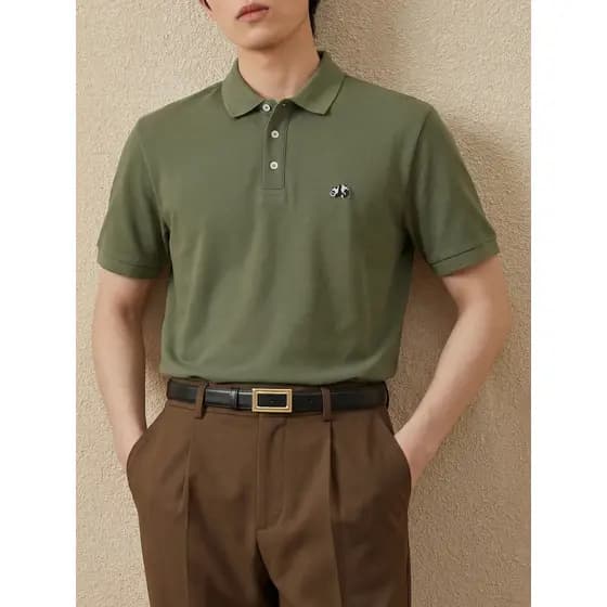 Giyomon camisa Polo de manga curta masculina lapela verde verão cor sólida Casual Commuter All-Match respirável bordado