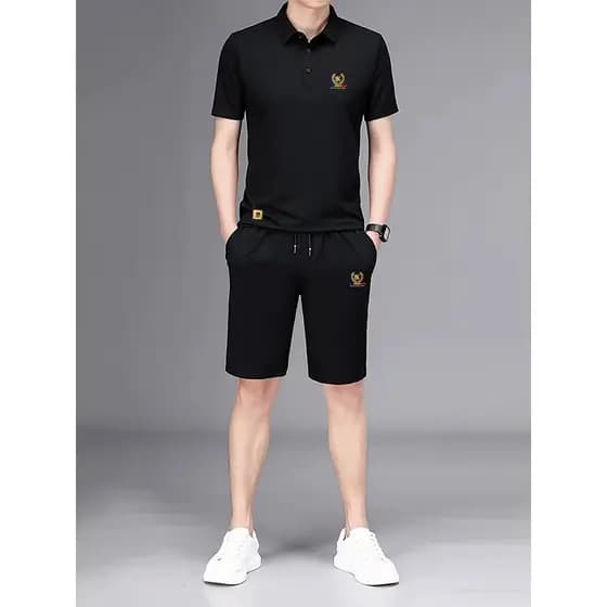 Camisa POLO sem costura terno masculino verão gelo seda legal Shorts de manga curta terno de duas peças masculino High-E