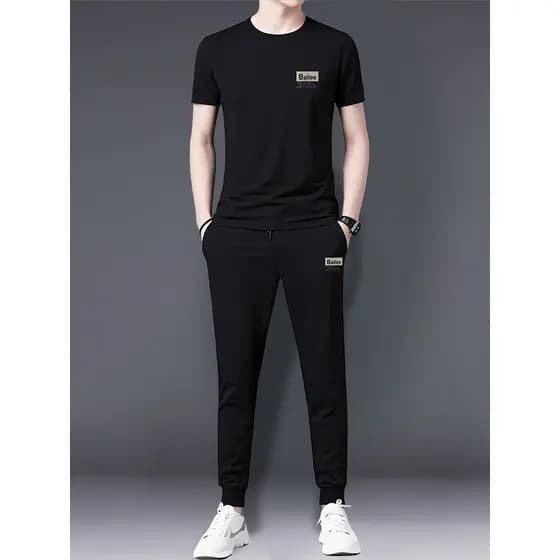 Terno Casual masculino 2026 verão novo estilo de seda gelo manga curta camiseta masculina usar um conjunto com bonito St