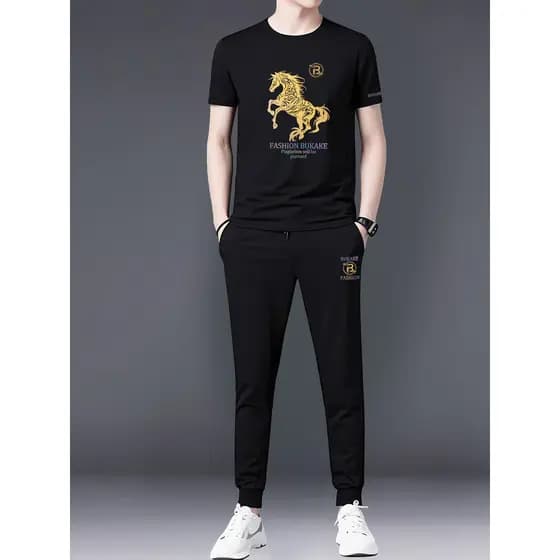 Terno masculino 2026 novo estilo verão na moda esportes Casual solto gelo seda respirável camiseta masculina terno de du