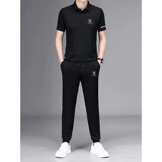 Terno esportivo verão novo estilo de seda gelo respirável camisa polo de manga curta combinando masculino Casual moda te