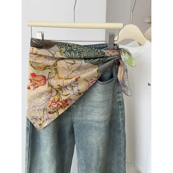 Cáqui planta flores estilo coreano All-Match estilo básico genuíno seda algodão lenço quadrado cintura-vedação cortina d