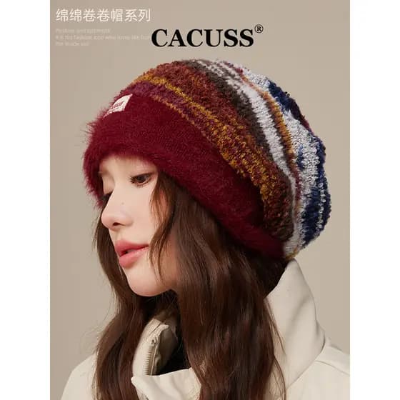 CACUSS Chapéu de pelúcia feminino outono inverno pilha chapéu ao ar livre quente chapéu de malha Baotou chapéu atmosfera