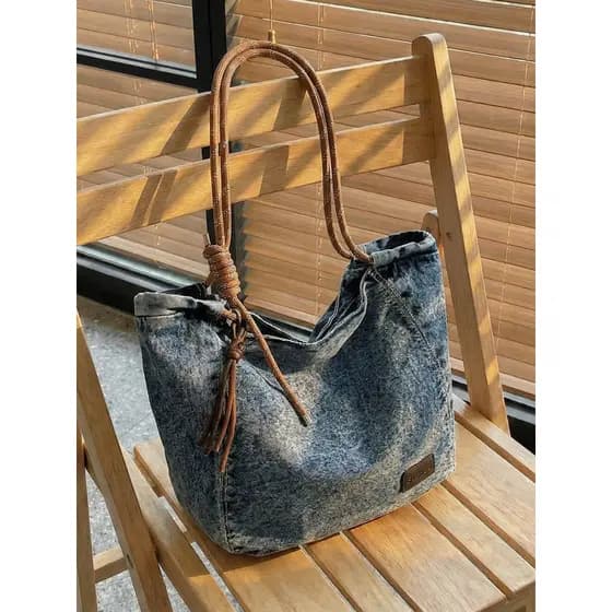 Bolsa Tote jeans feminina, bolsa de ombro de grande capacidade, Casual, zíper, vedação, cordão, alça de ombro, bolsa de