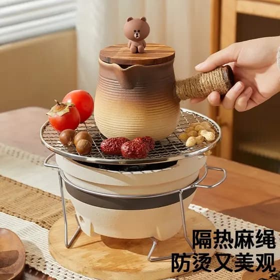 Bule de urso marrom ao redor, fogão para fazer chá, inverno, grelhar, fogo, chá, conjunto de fogão ao redor, bule com se