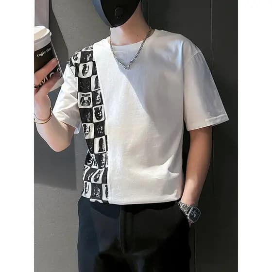 Camiseta de verão masculina de manga curta Street Wear Design costura camiseta masculina 2024 novo estilo masculino meio