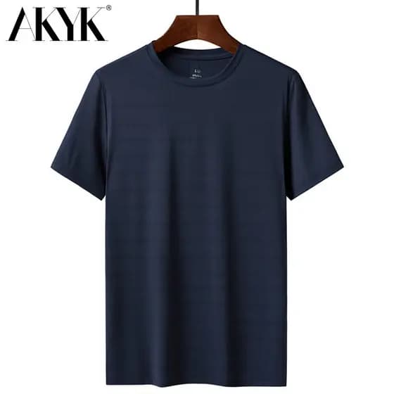 Verão gelo seda camiseta masculina de manga curta em torno do pescoço estilo fino respirável elástico solto juventude Ca