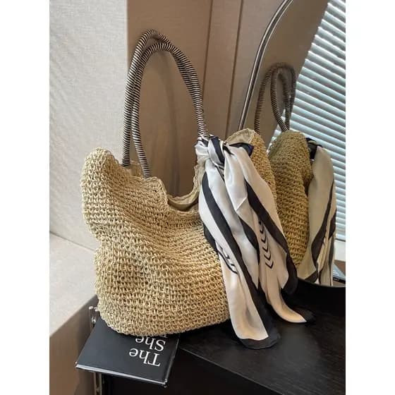 Grande capacidade palha tecido saco feminino 2026 novo estilo verão Casual bolsa de ombro à beira-mar férias praia tecid