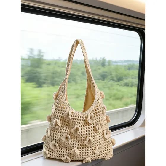 Bolsa de ombro flor de verão, bolsa de tecido com fio de algodão, nova bolsa de palha oca de grande capacidade, estilo f