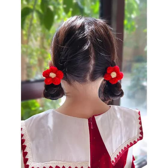 Pequena flor vermelha anel de cabelo grampo de cabelo crianças lã flor cocar bonito menina cabeça corda faixa de borrach