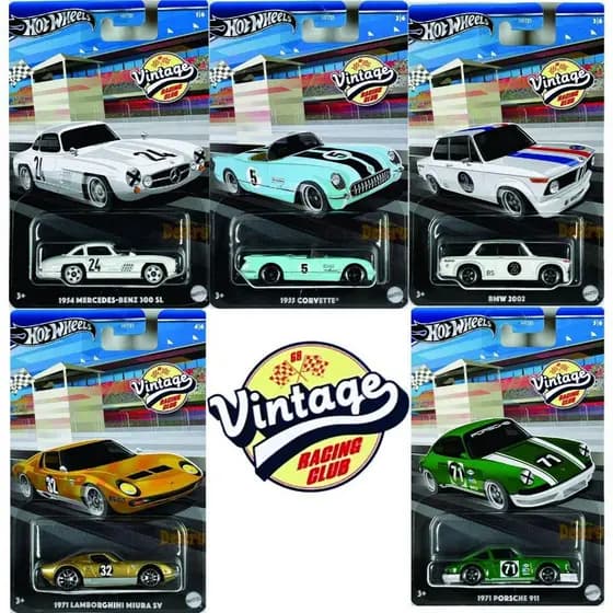 Hot Wheels Clube De Corrida Vintage 2024 Com Rodas Quentes (1954 Mercedes-Benz 300 SL , 1955 Corvette , BMW 2002 , 1971