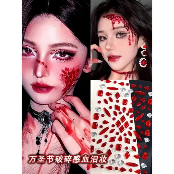Halloween rosto adesivos vermelho diamante em forma de sangue diamante maquiagem gotas de água Oval diamante rosto adesi