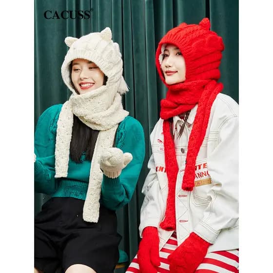 CACUSS Inverno Vermelho Quente Lã Chapéu Cachecol Um Chapéu de Malha Luvas Bib Conjunto Presente de Ano Novo