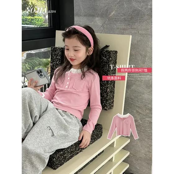 YOJIA meninas camisa de fundo primavera outono estilo 2025 novo estilo versão coreana moda menina topo manga longa crian