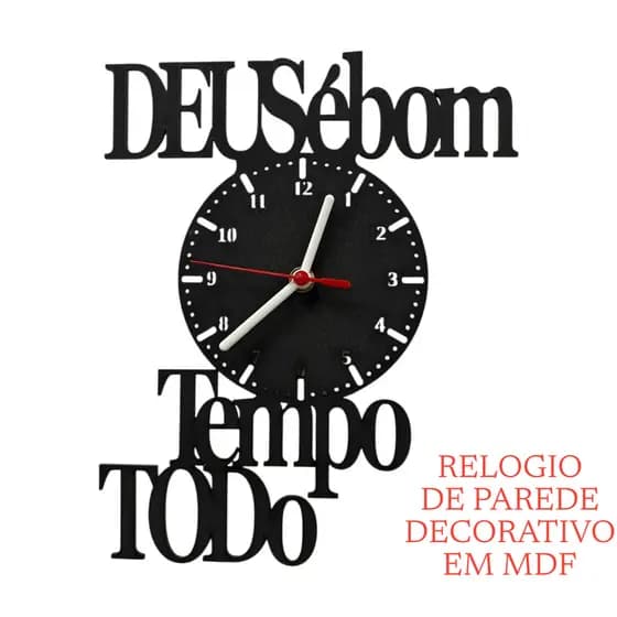 Relógio Decorativo de Parede em MDF Preta Decoração Deus é Bom o Tempo Todo