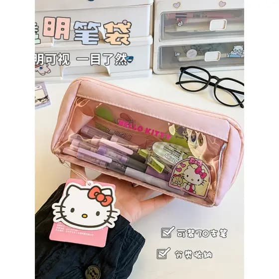 Hellokitty estojo de lápis de grande capacidade, papelaria visível, estudante, alto valor, transparente, bolsa de dor, b