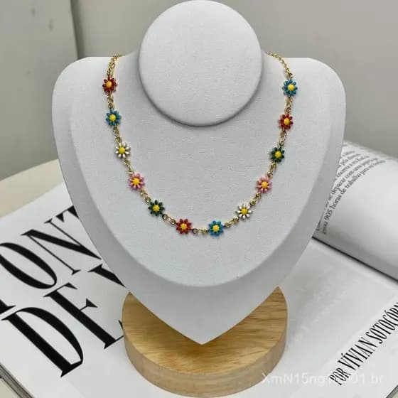 Gargantilha Choker Florzinha Colorida Banhado a Ouro 18k Antialergico
