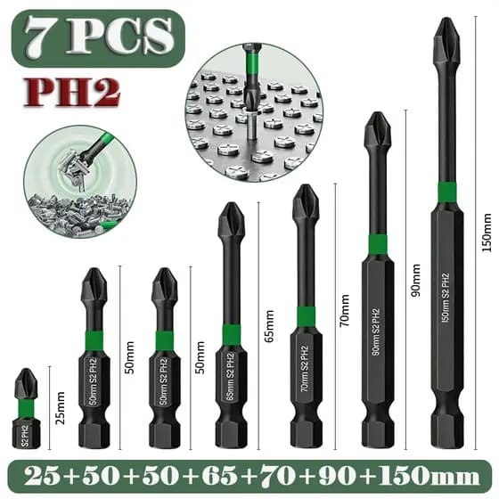 Bits Phillips PH2 Magnético Anti-Impacto - Jogo 7 Peças (25-150mm) em Aço S2 Anti Derrapante com Sextavado 1/4