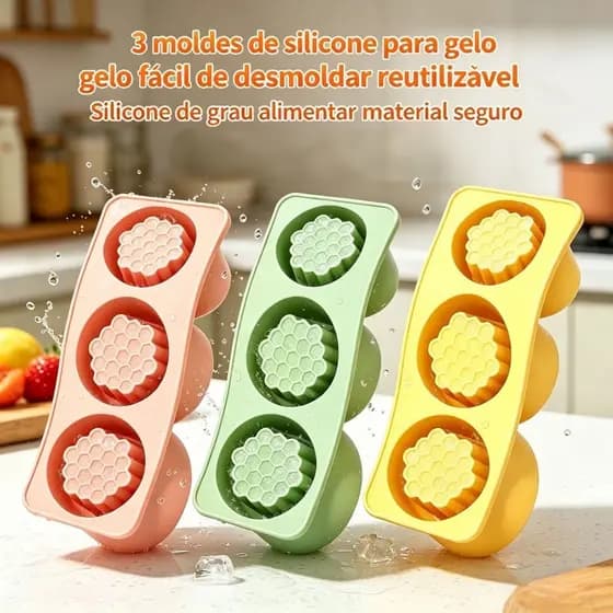 Molde de Gelo de Silicone com Tampa 3 Compartimentos Fácil de Desmoldar