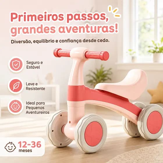 Bicicleta de Equilíbrio Anti-Tombamento Segura Infantil 4 Rodas Sem Pedais 54cm, para Crianças de 2 a 5 Anos Entrega