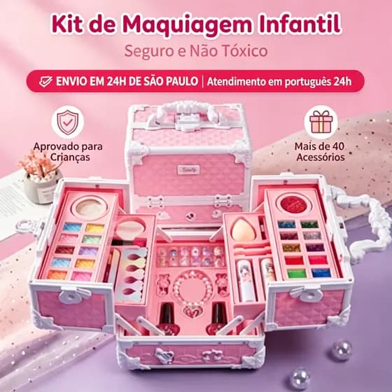 Conjunto de Maquiagem Infantil Lavável em Maleta, Brinquedo de Maquiagem Seguro para Meninas Não Tóxico