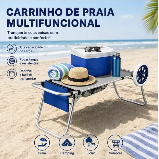 Carrinho de Praia Vira Mesa Com Avanço Caixa Térmica Mor, Azul Alumínio Leve Entrega Rápida SP