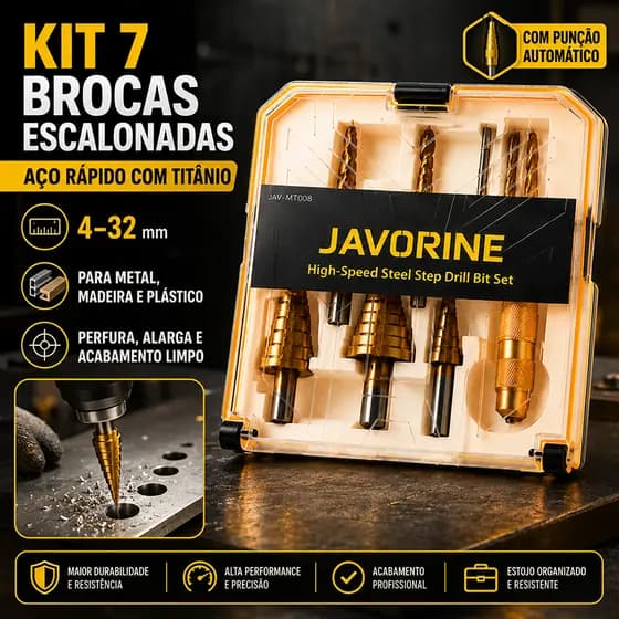 Kit 7 Brocas Titânio Escalonada Amarela Aço e Broca Corte Lateral Marcador Punção Com Caixa