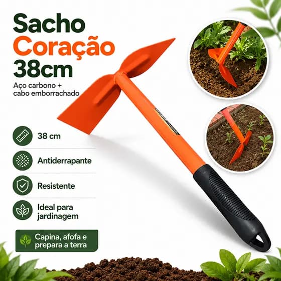 Enxadinha Sacho Coração 38cm Enxada Manual Aço Carbono Cabo Emborrachado Antiderrapante Jardim Horta