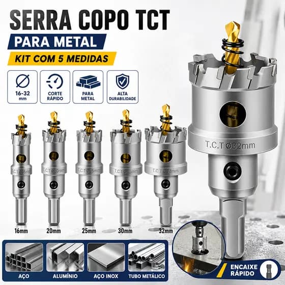 Kit 5 Brocas Serra Copo Furar Ferro Aço Metal 16/20/25/30/32mm para Aço Inox Alumínio Ferro Tubo Metálico