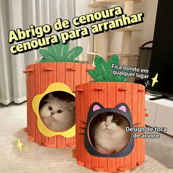 Cama para Gato Cenoura | Casa e Arranhador 2 em 1, Resistente e Sem Pelos