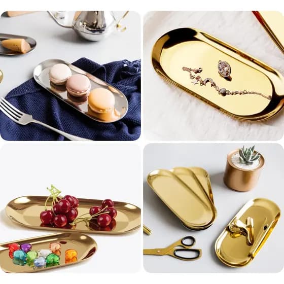 Bandeja Aco Inoxidavel Luxo Decorativa para Jóias Alimentos Dourado