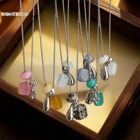Rightrous Colorido Pedra Natural Uva Fio Gota De Água sel Pingente Nelaces Para Mulheres Caixa Banhada A Prata Gargantil