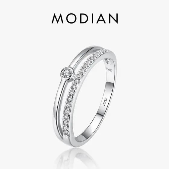 Anel de Prata Esterlina 925 Modian com Zircônia Transparente, Joia de Luxo Feminina, Acessórios de Casamento 2022, Prese