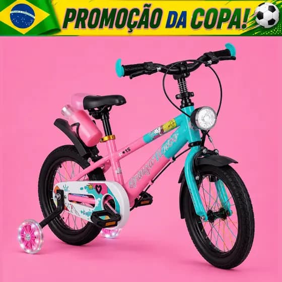 Bicicleta Infantil Menina 3-7 Anos Aro 14 com LED nas Rodinhas + Farol + V-Brake + Pneu Cross + Paralama + Garrafinha