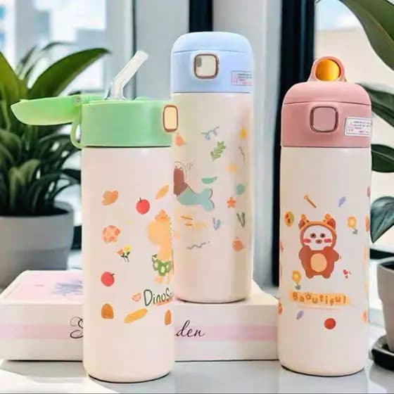 Garrafa Térmica Inox com Design de Animais Mágicos Tampa de Abertura Rápida Infantil