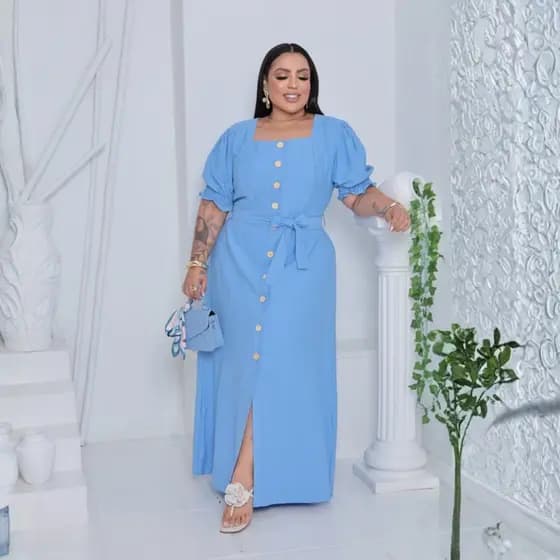 Vestido Longo Feminino Evangélico Elegante Moda Modesta Manga Curta Bufante com Botões e Faixa na Cintura