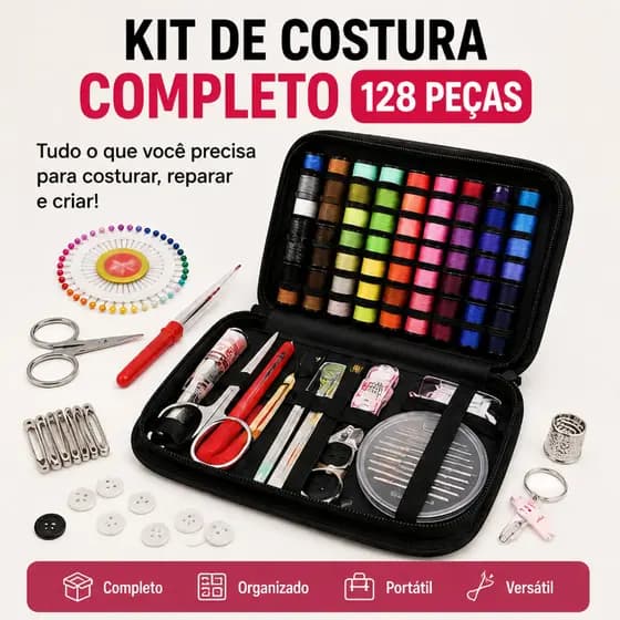 Kit de Costura Profissional com Linhas Coloridas, Agulhas, Tesoura, Alfinetes e Estojo Portátil