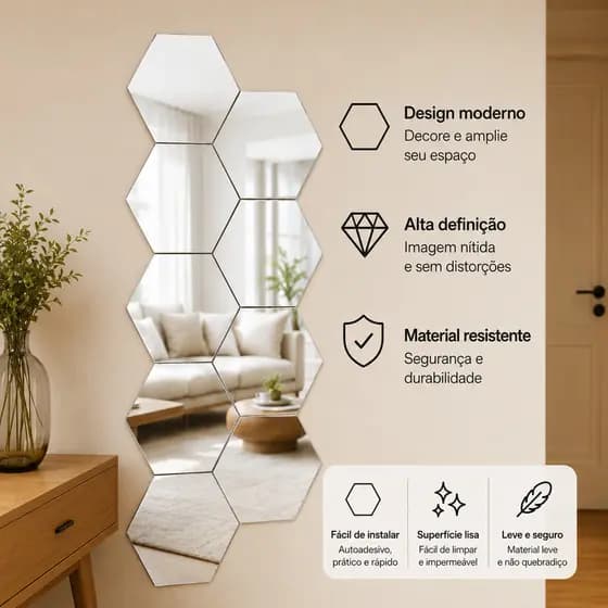 Kit 10 Espelhos Decorativos Hexagonais Autoadesivos para Parede Sala Quarto Banheiro
