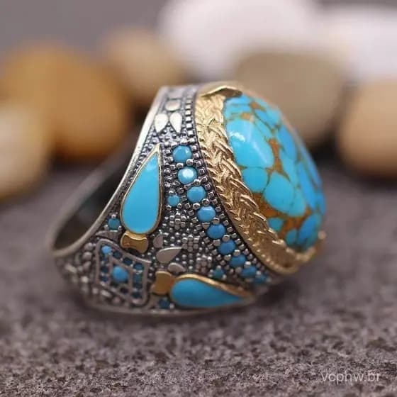 Anel Turquesa Incrustado Vintage , Joia De Aniversário Com Pedras Preciosas Azuis Ovais Elegantes , Presente De Festa