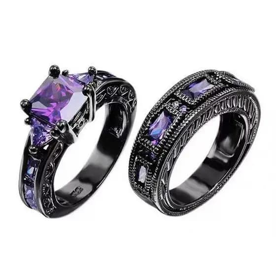 Conjunto de 2 peças de anéis de cristal curativo com strass, anel de metal com pedras preciosas pretas e roxas, joias fe