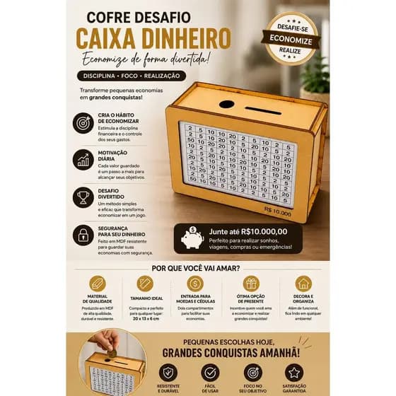 Cofre Desafio Em MDF Personalizado Met1Mil/5Mil/10Mil Cofre Cédulas E Moedas