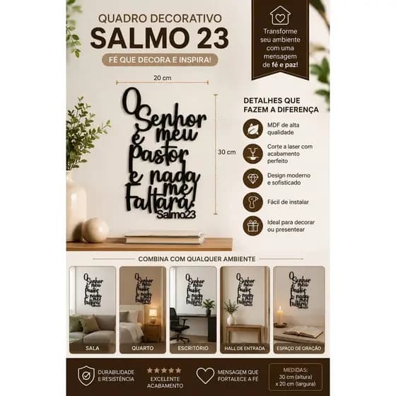 Quadro Decorativo Salmo 23 Senhor é Meu Pastor 20x30cm MDF Decoração Cristã Sala