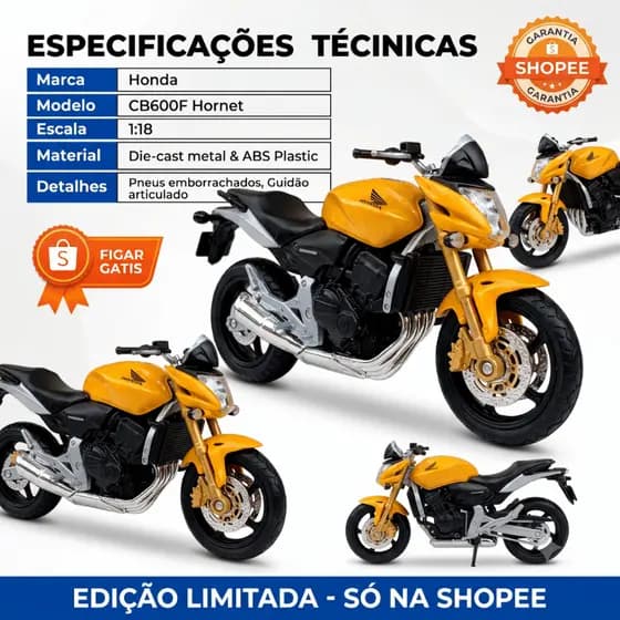 Miniatura Honda CB 600F Hornet Moto Colecionável Escala 1:18 Die-cast Detalhada Presente