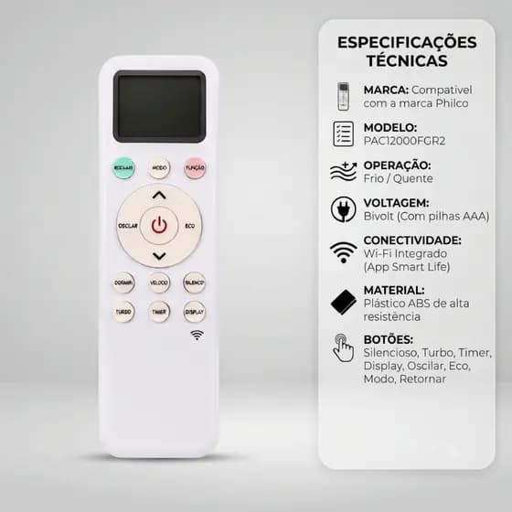 Controle Remoto Ar Condicionado Compatível Com Philco PAC12000FGR2 Wi-Fi