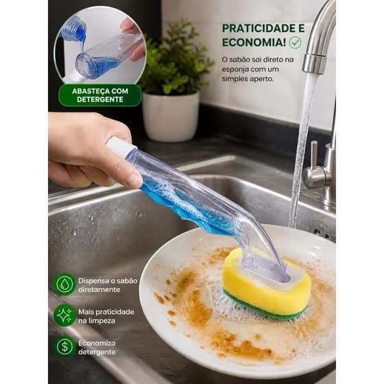 Esponja de limpeza Lava Louças com cabo Dispenser para Detergente – Limpeza Rápida, Econômica e Sem Sujeira