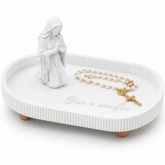 Porta Terço Nossa Senhora Decorativo Com Bandeja Organizador Religioso Branco Fé e Oração