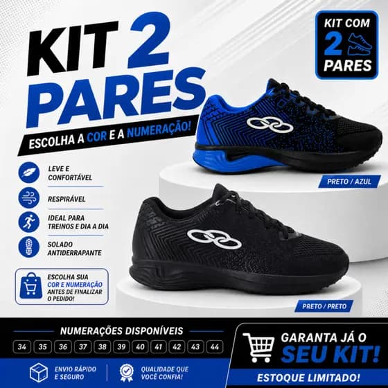 Kit 2 Pares Tênis Masculino Esportivo Academia Treino Corrida Caminhada Leve Confortável 34 Ao 44