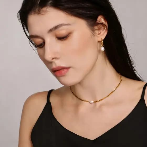 Novo Titânio Aço Pérola Colar Brincos Conjunto 18K Banhado A Ouro Hipoalergênico Não-Desbotamento Jóias Elegantes Para U