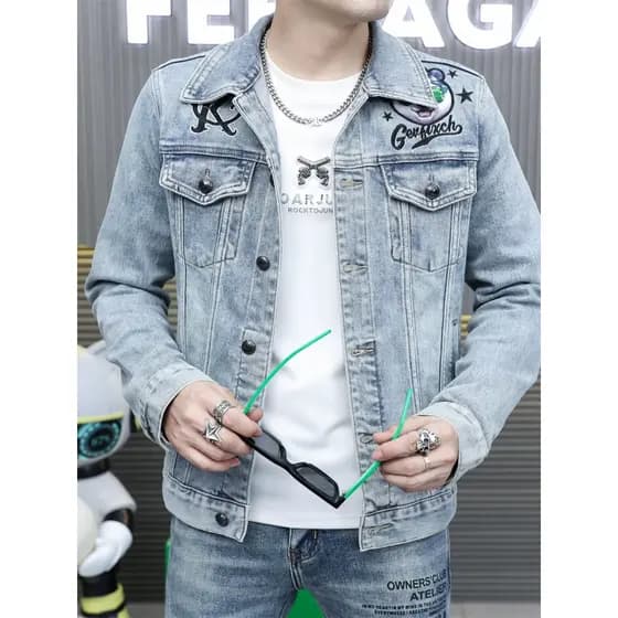 High-End quente diamante Denim jaqueta masculina versão coreana na moda Street Wear estiramento fino-ajuste bordado dos